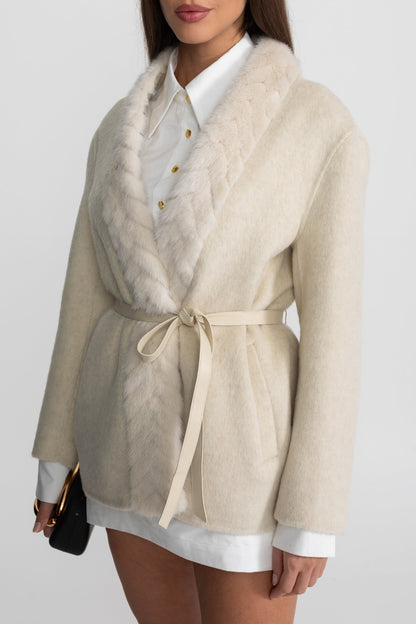 Women's Wool Jacket | Sable Fur Shawl Collar | Belted Waist, Tailored Luxury Outerwear | Steven & Levon