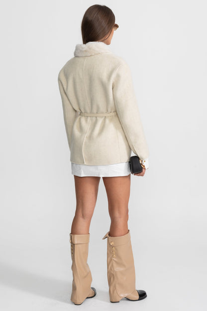 Women's Wool Jacket | Sable Fur Shawl Collar | Belted Waist, Tailored Luxury Outerwear | Steven & Levon