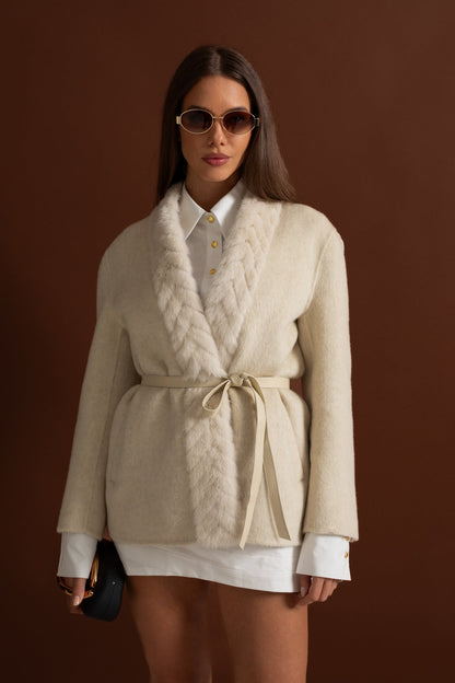 Women's Wool Jacket | Sable Fur Shawl Collar | Belted Waist, Tailored Luxury Outerwear | Steven & Levon