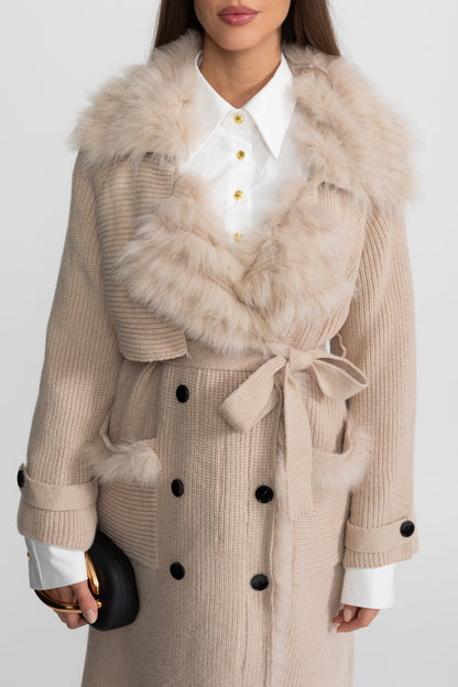 Knit Overcoat | Women | Double-Breasted | Faux Fur Trim | Belted | Beige | Steven & Levon