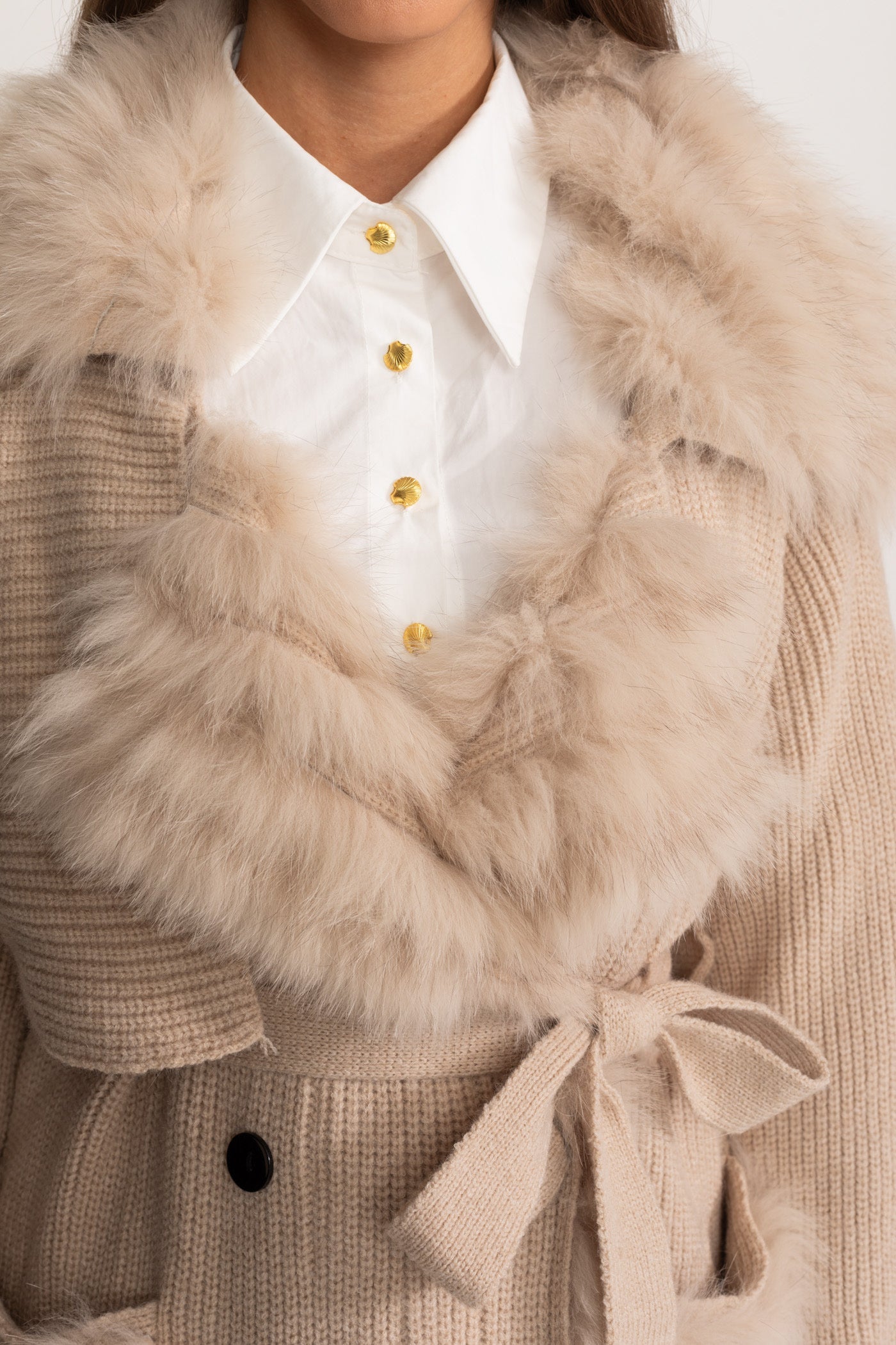 Knit Overcoat | Women | Double-Breasted | Faux Fur Trim | Belted | Beige | Steven & Levon