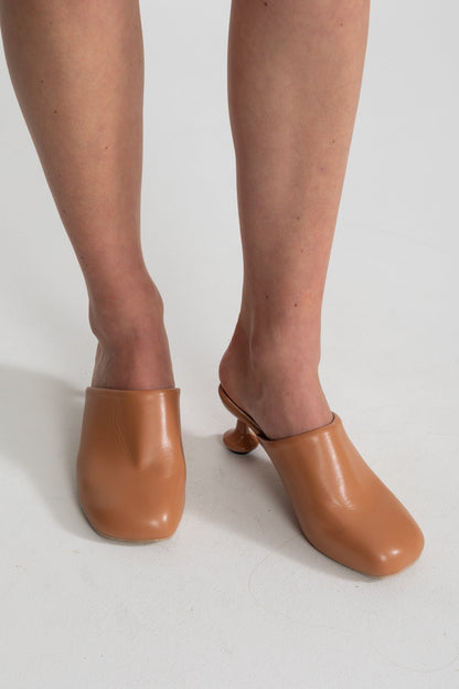 Sculptural Heel Mules | Women | Rounded Square Toe | Camel | Modern Slip-On Shoes | Steven & Levon
