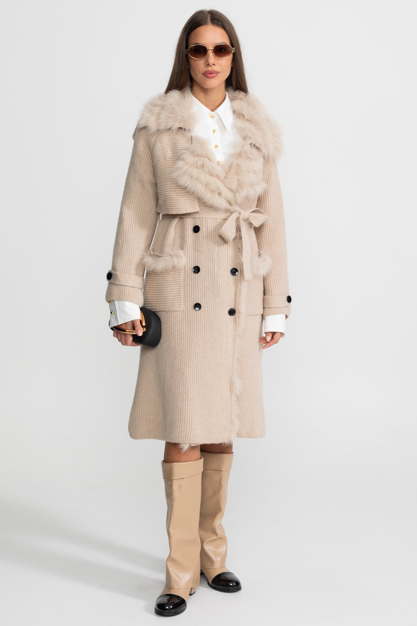 Knit Overcoat | Women | Double-Breasted | Faux Fur Trim | Belted | Beige | Steven & Levon