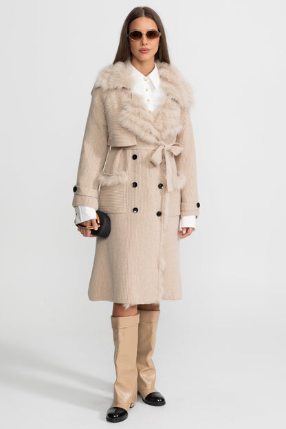 Knit Overcoat | Women | Double-Breasted | Faux Fur Trim | Belted | Beige | Steven & Levon