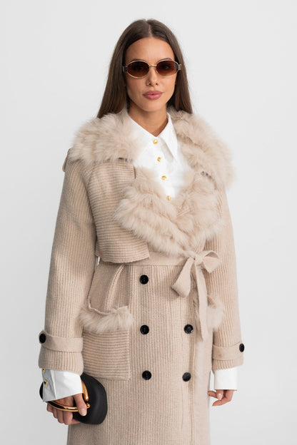 Knit Overcoat | Women | Double-Breasted | Faux Fur Trim | Belted | Beige | Steven & Levon