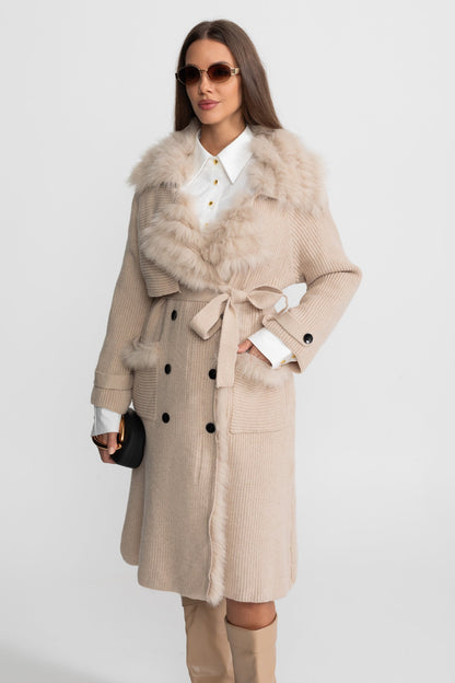 Knit Overcoat | Women | Double-Breasted | Faux Fur Trim | Belted | Beige | Steven & Levon
