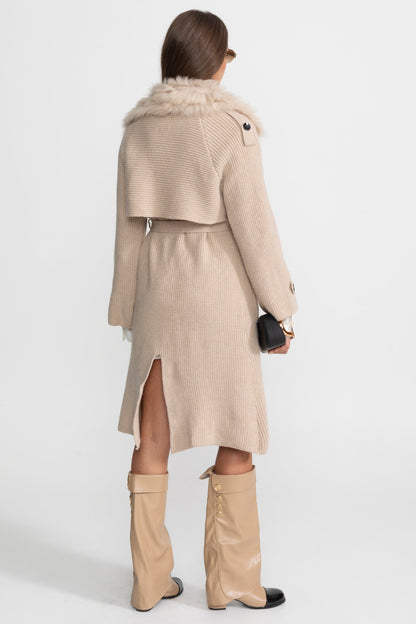 Knit Overcoat | Women | Double-Breasted | Faux Fur Trim | Belted | Beige | Steven & Levon