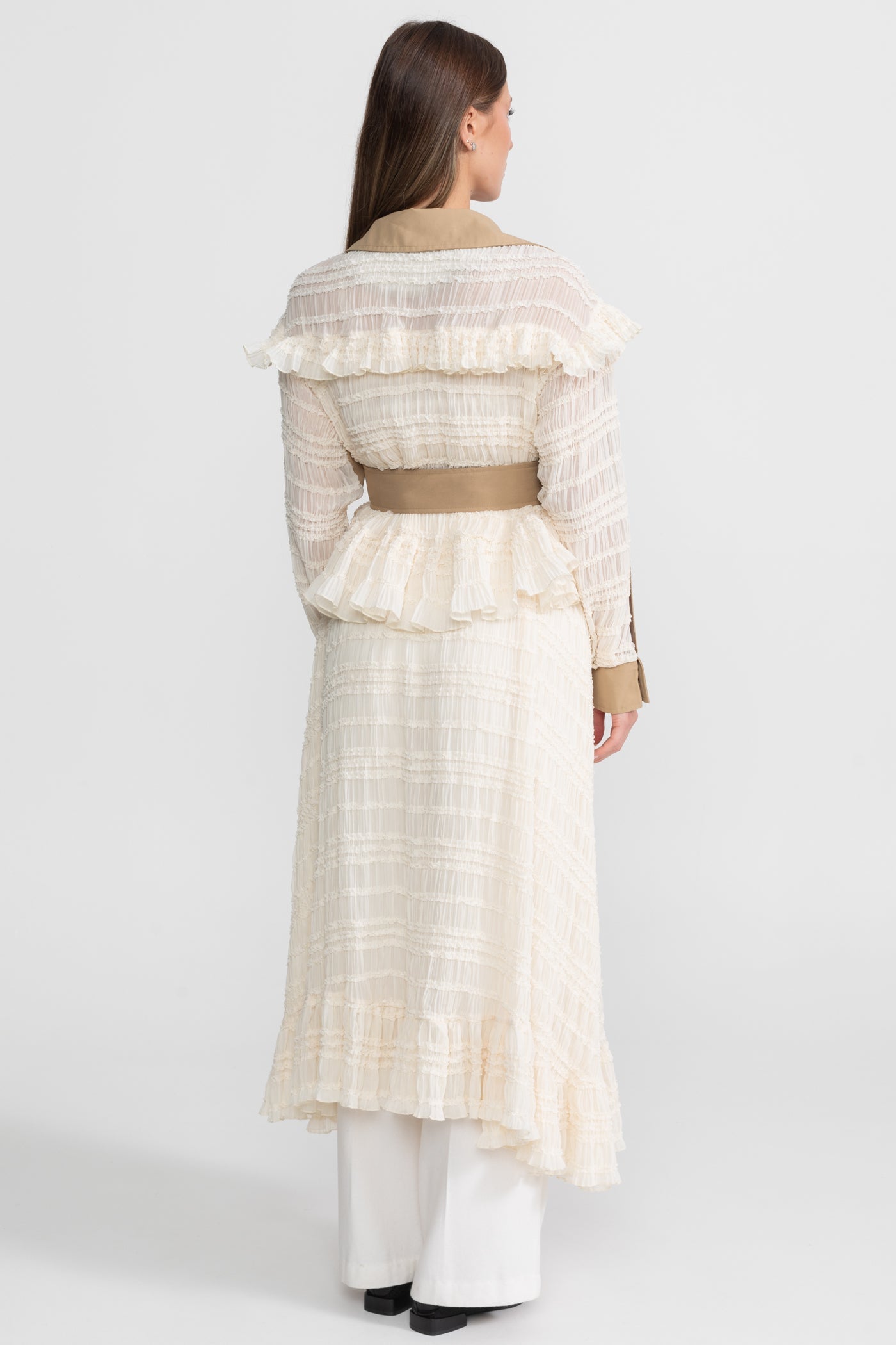 Women's Longline Lace Panel Trench Coat | Beige | Belted Waist | Elegant Overcoat | Steven & Levon