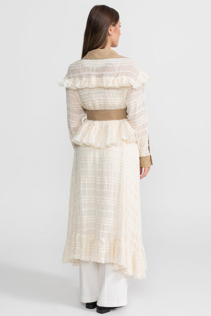 Women's Longline Lace Panel Trench Coat | Beige | Belted Waist | Elegant Overcoat | Steven & Levon