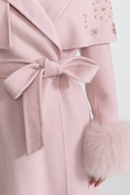 Wool Coat | Women | Fox Fur Cuffs | Cape Overlay | Embellished | Pink | Steven & Levon`