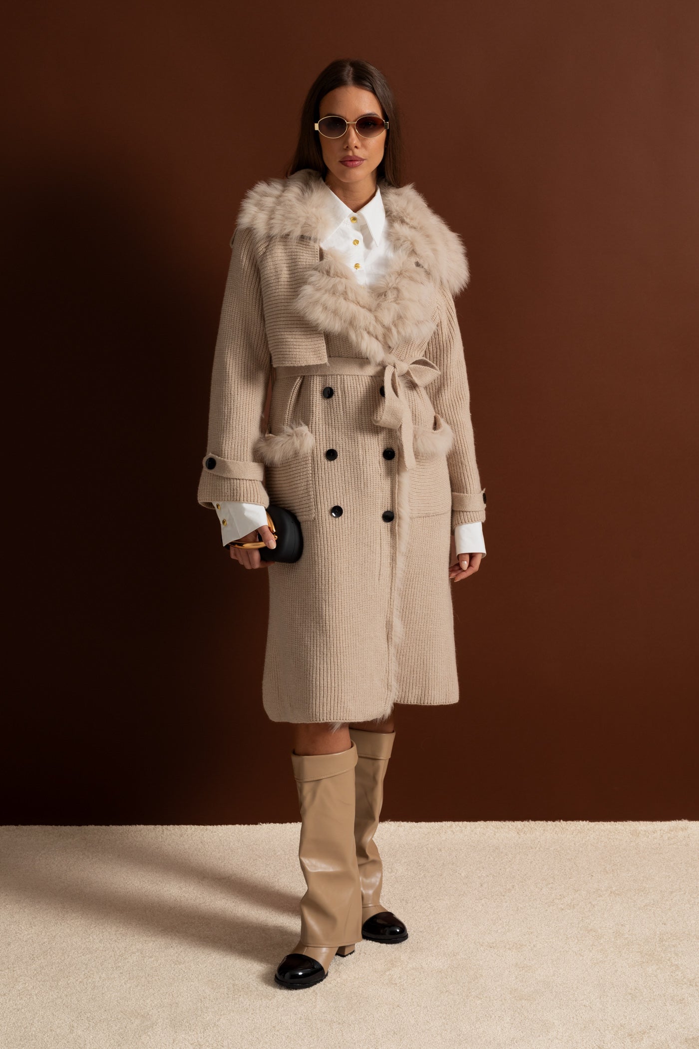 Knit Overcoat | Women | Double-Breasted | Faux Fur Trim | Belted | Beige | Steven & Levon