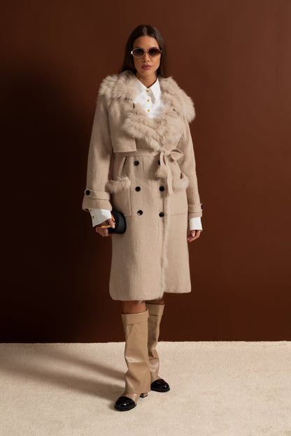 Knit Overcoat | Women | Double-Breasted | Faux Fur Trim | Belted | Beige | Steven & Levon