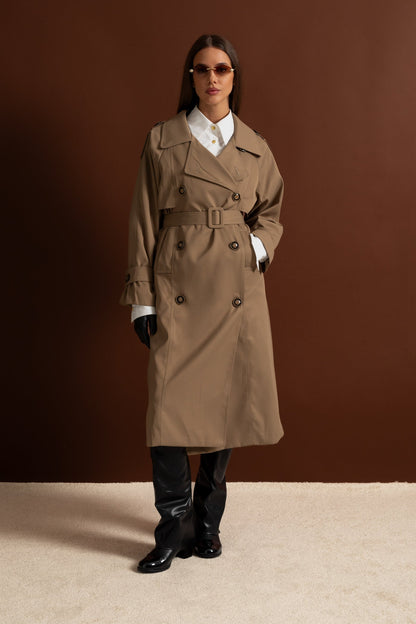 Women's Double Breasted Mid Length Trench Coat | Khaki | Belted Waist | Classic Outerwear | Steven & Levon
