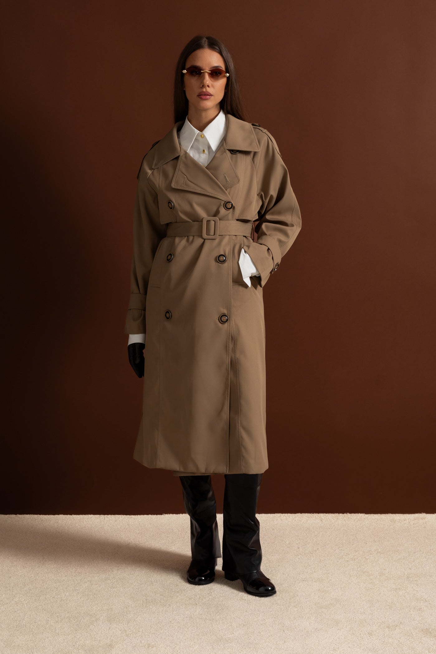 Women's Double Breasted Mid Length Trench Coat | Khaki | Belted Waist | Classic Outerwear | Steven & Levon