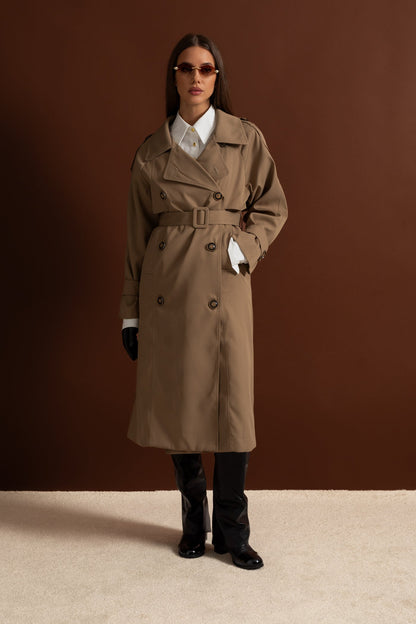 Women's Double Breasted Mid Length Trench Coat | Khaki | Belted Waist | Classic Outerwear | Steven & Levon