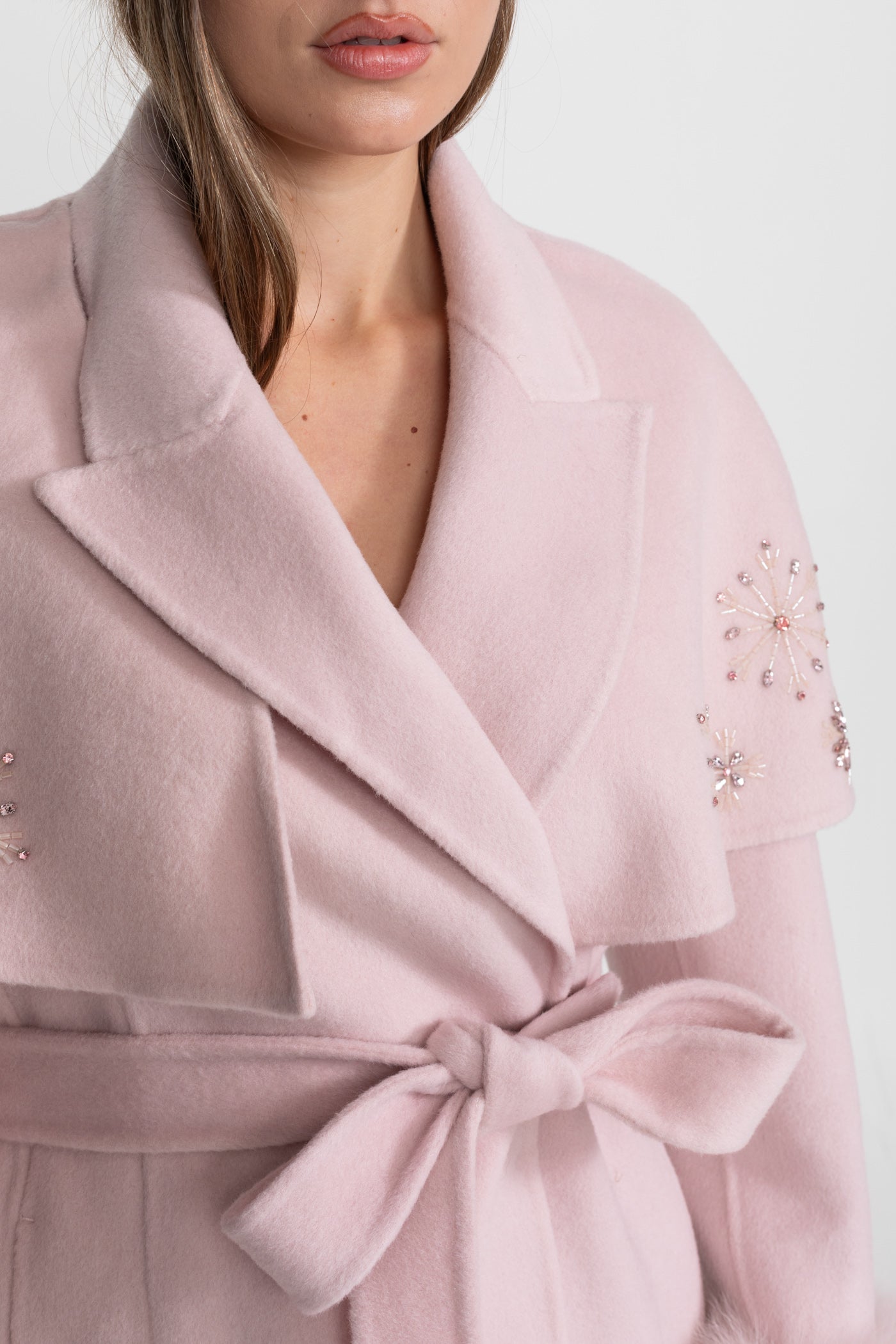Wool Coat | Women | Fox Fur Cuffs | Cape Overlay | Embellished | Pink | Steven & Levon`