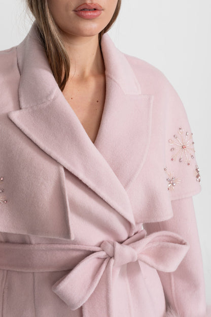 Wool Coat | Women | Fox Fur Cuffs | Cape Overlay | Embellished | Pink | Steven & Levon`