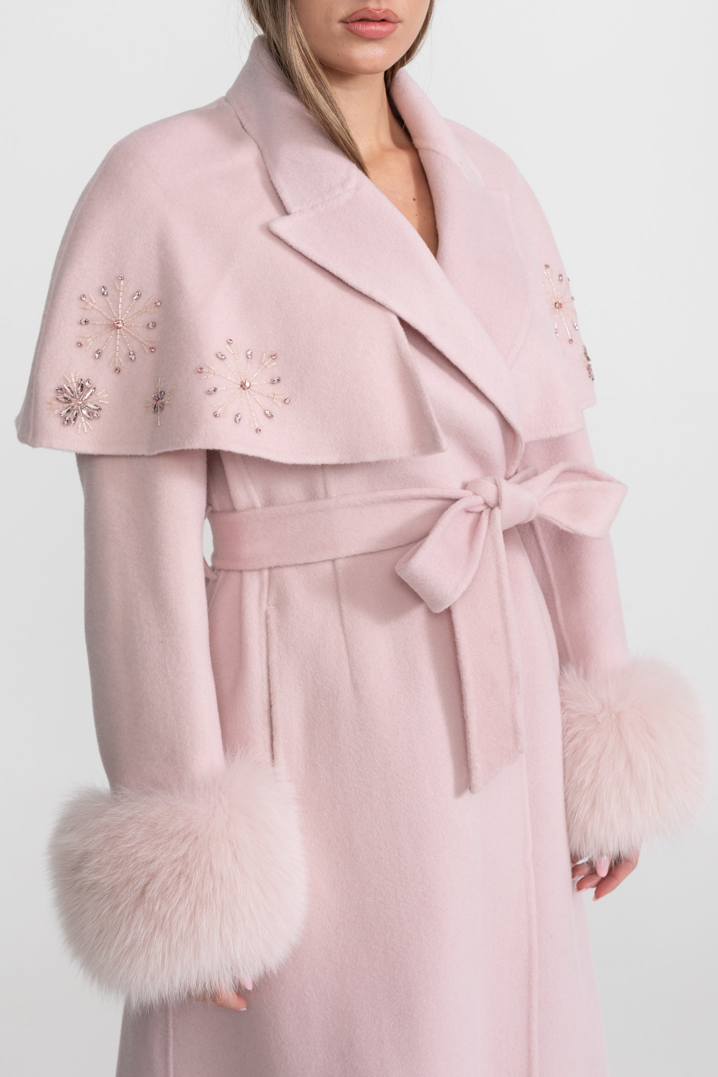 Wool Coat | Women | Fox Fur Cuffs | Cape Overlay | Embellished | Pink | Steven & Levon`