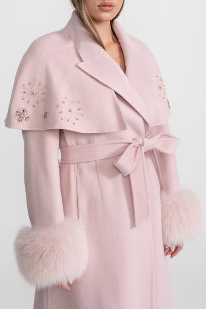 Wool Coat | Women | Fox Fur Cuffs | Cape Overlay | Embellished | Pink | Steven & Levon`