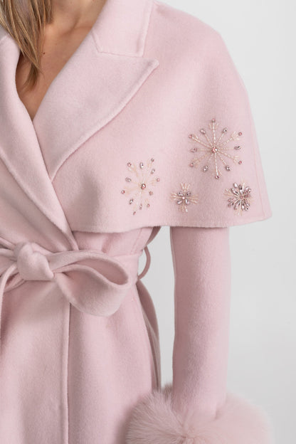 Wool Coat | Women | Fox Fur Cuffs | Cape Overlay | Embellished | Pink | Steven & Levon`