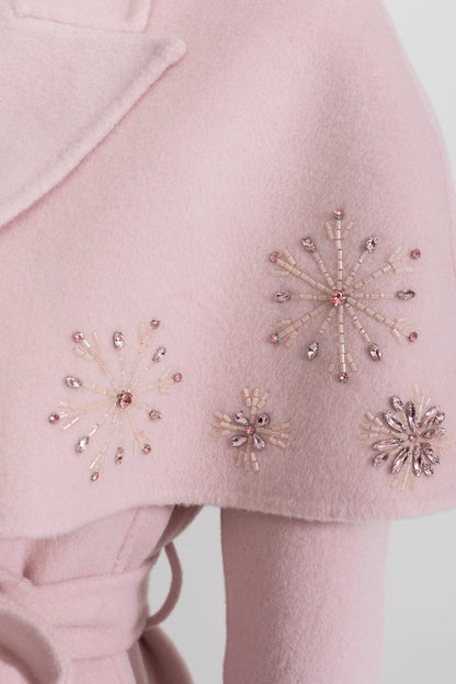 Wool Coat | Women | Fox Fur Cuffs | Cape Overlay | Embellished | Pink | Steven & Levon`