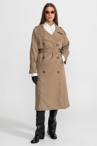 Women's Double Breasted Mid Length Trench Coat | Khaki | Belted Waist | Classic Outerwear | Steven & Levon