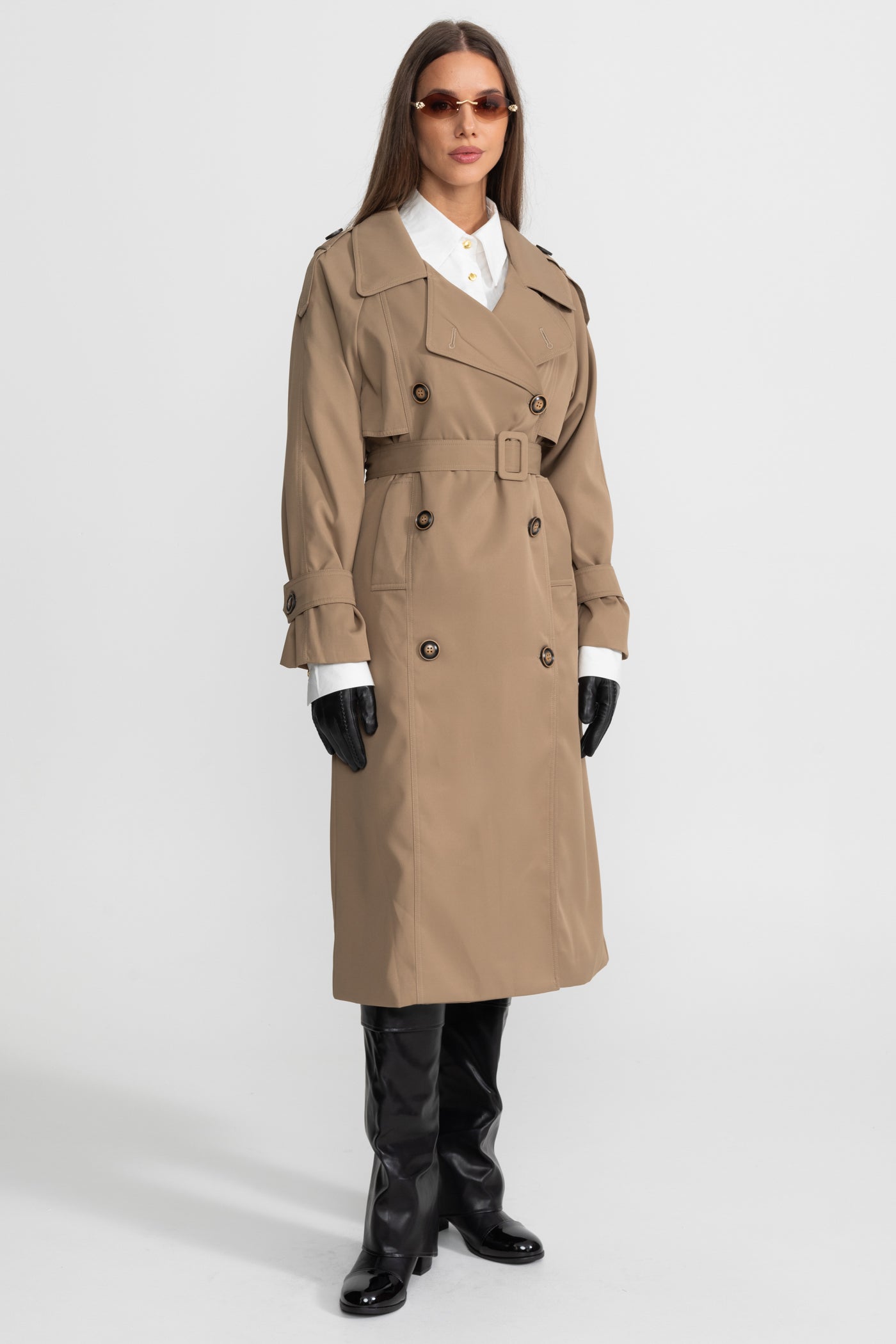 Women's Double Breasted Mid Length Trench Coat | Khaki | Belted Waist | Classic Outerwear | Steven & Levon