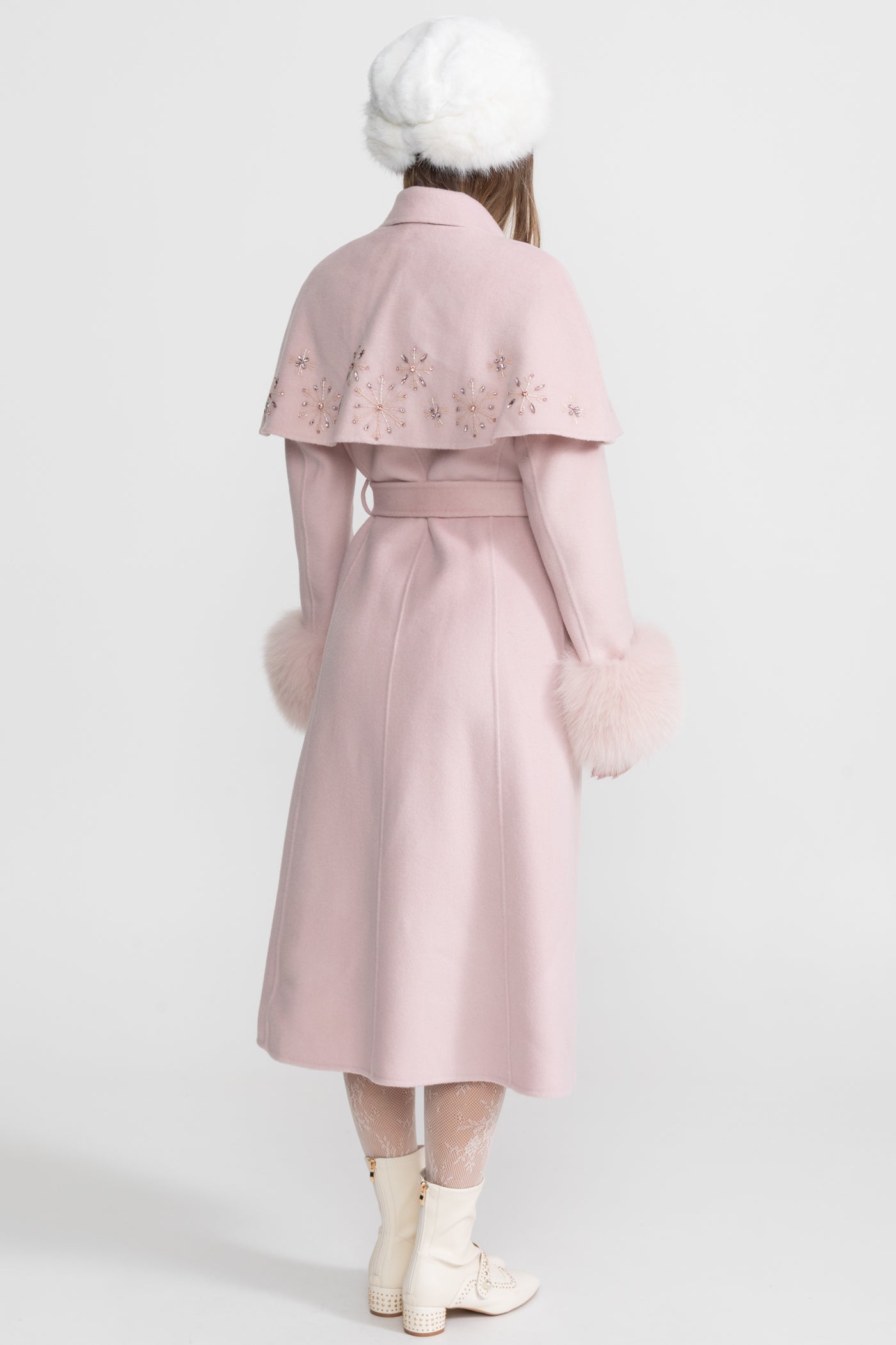 Wool Coat | Women | Fox Fur Cuffs | Cape Overlay | Embellished | Pink | Steven & Levon`