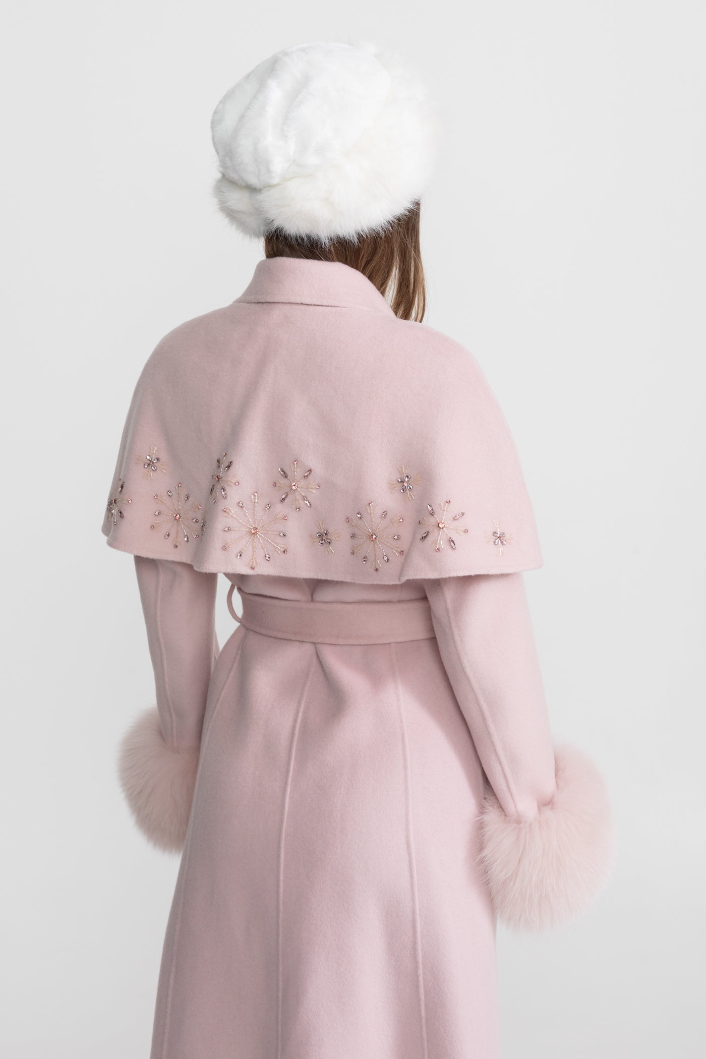 Wool Coat | Women | Fox Fur Cuffs | Cape Overlay | Embellished | Pink | Steven & Levon`