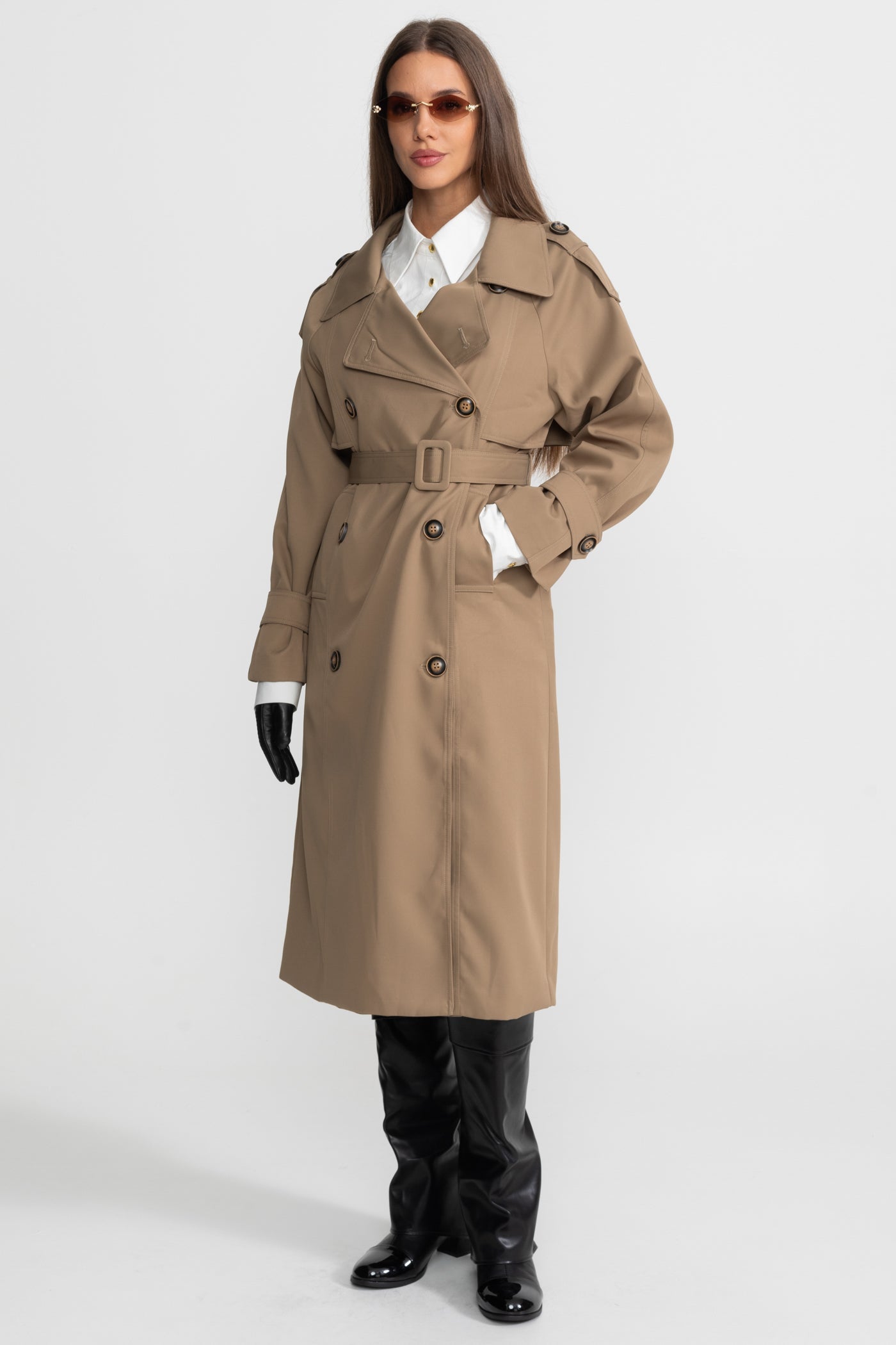 Women's Double Breasted Mid Length Trench Coat | Khaki | Belted Waist | Classic Outerwear | Steven & Levon