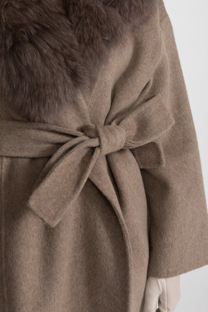 Women's Wool Wrap Coat | Fox Fur Collar | Tie Belt | Khaki Winter Coat | Luxury | Steven & Levon