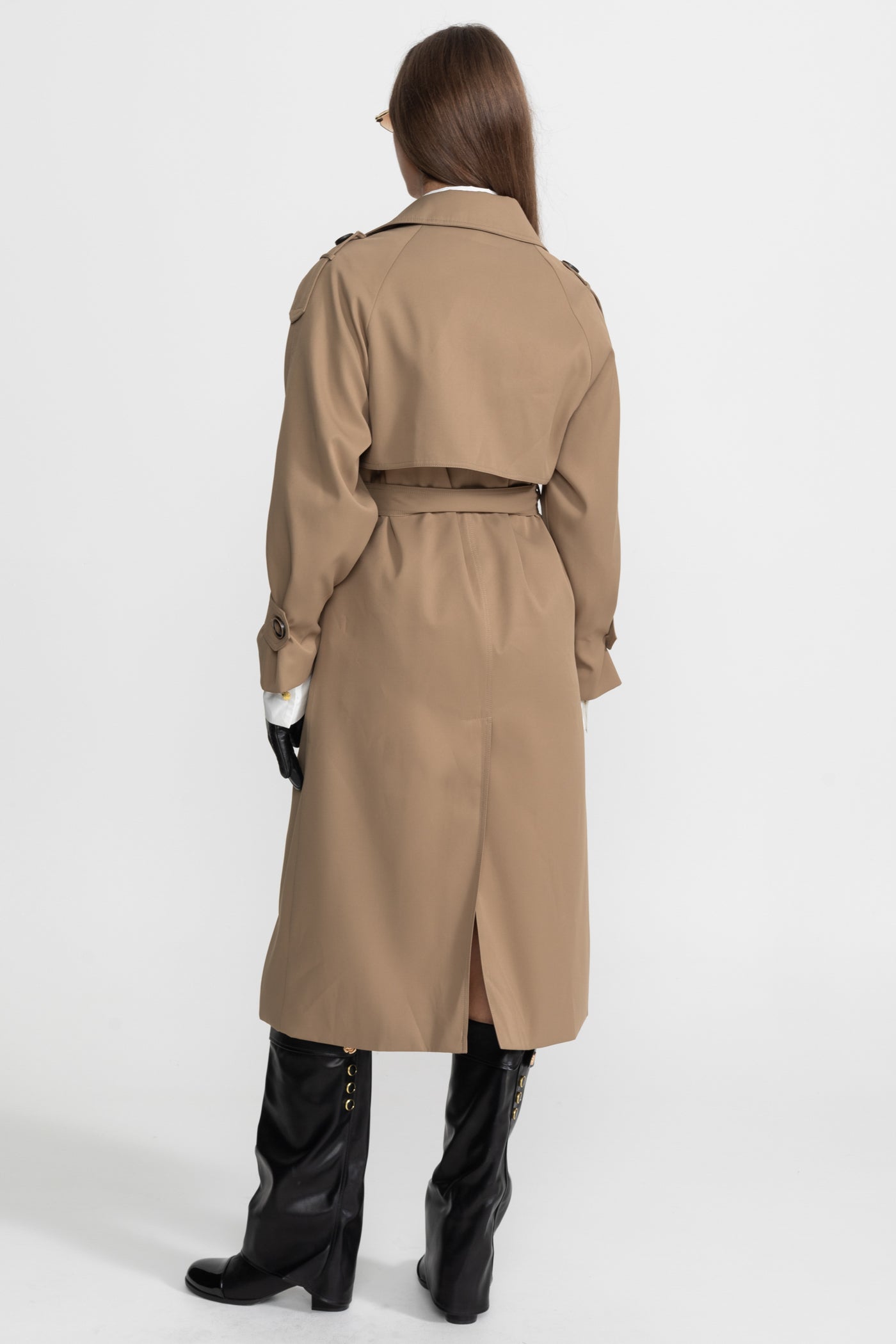 Women's Double Breasted Mid Length Trench Coat | Khaki | Belted Waist | Classic Outerwear | Steven & Levon