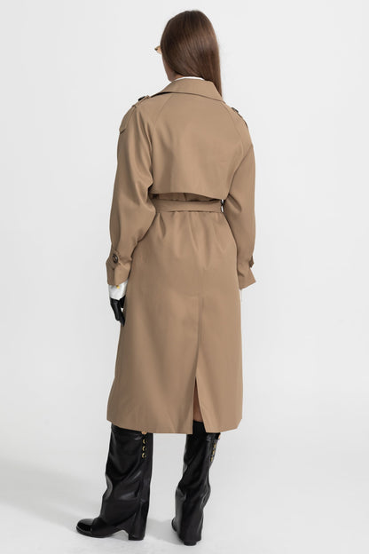 Women's Double Breasted Mid Length Trench Coat | Khaki | Belted Waist | Classic Outerwear | Steven & Levon