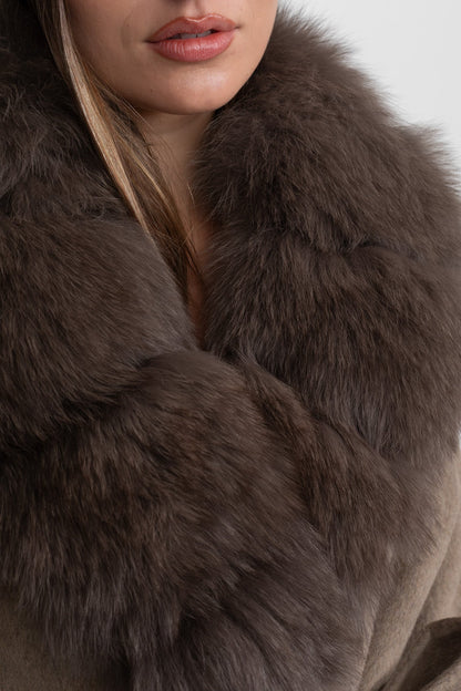 Women's Wool Wrap Coat | Fox Fur Collar | Tie Belt | Khaki Winter Coat | Luxury | Steven & Levon