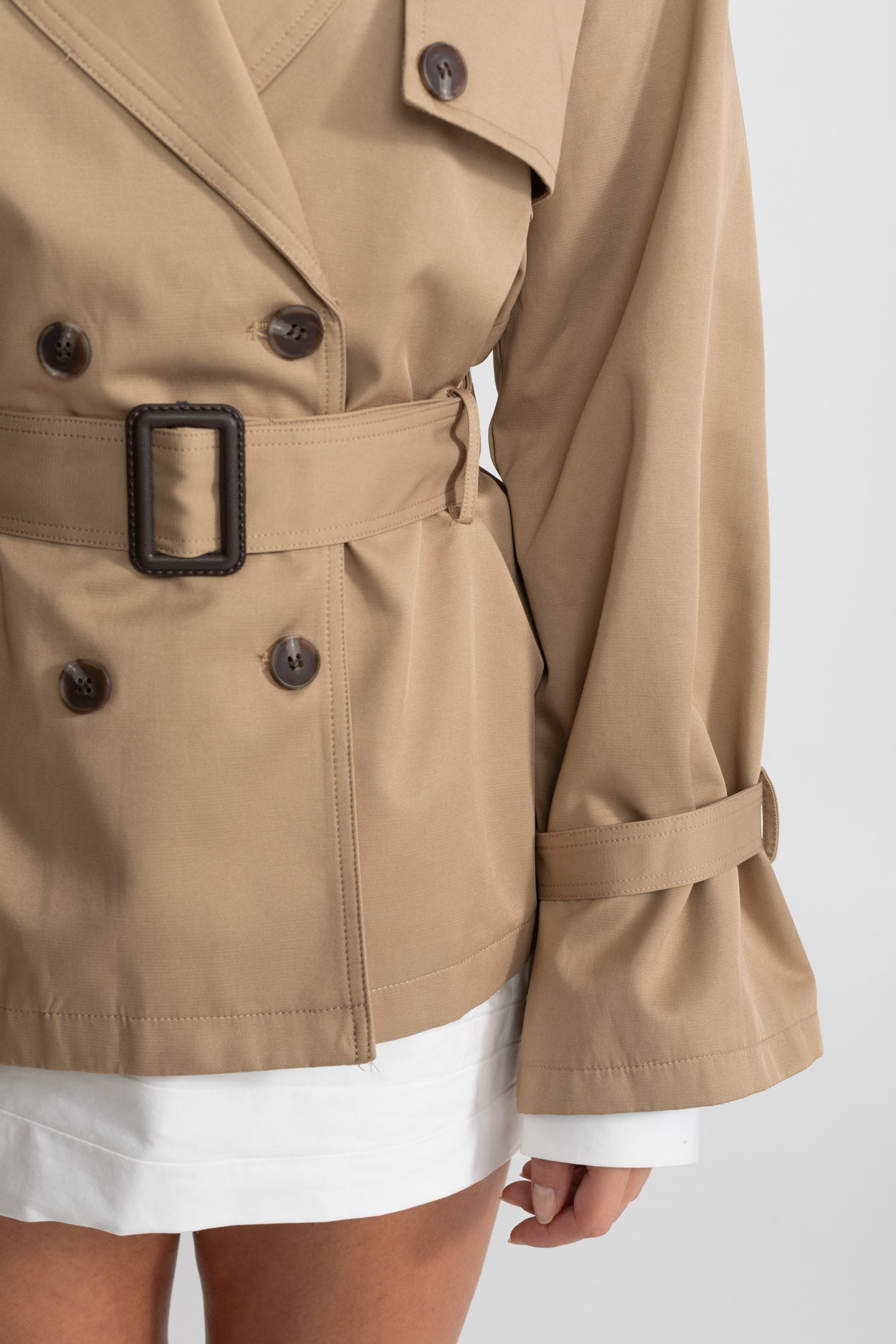 Women's Cropped Double-Breasted Trench Jacket | Belted Waist | Camel Smart Casual Outerwear | Steven & Levon