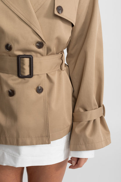 Women's Cropped Double-Breasted Trench Jacket | Belted Waist | Camel Smart Casual Outerwear | Steven & Levon