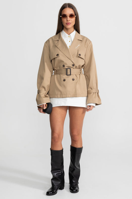 Women's Cropped Double-Breasted Trench Jacket | Belted Waist | Camel Smart Casual Outerwear | Steven & Levon