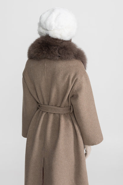 Women's Wool Wrap Coat | Fox Fur Collar | Tie Belt | Khaki Winter Coat | Luxury | Steven & Levon