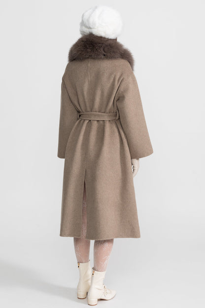 Women's Wool Wrap Coat | Fox Fur Collar | Tie Belt | Khaki Winter Coat | Luxury | Steven & Levon