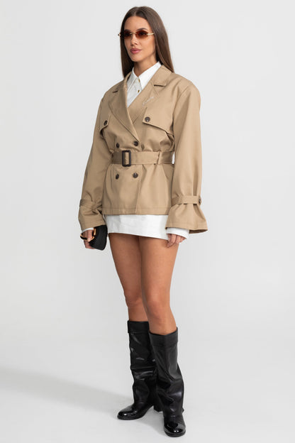 Women's Cropped Double-Breasted Trench Jacket | Belted Waist | Camel Smart Casual Outerwear | Steven & Levon