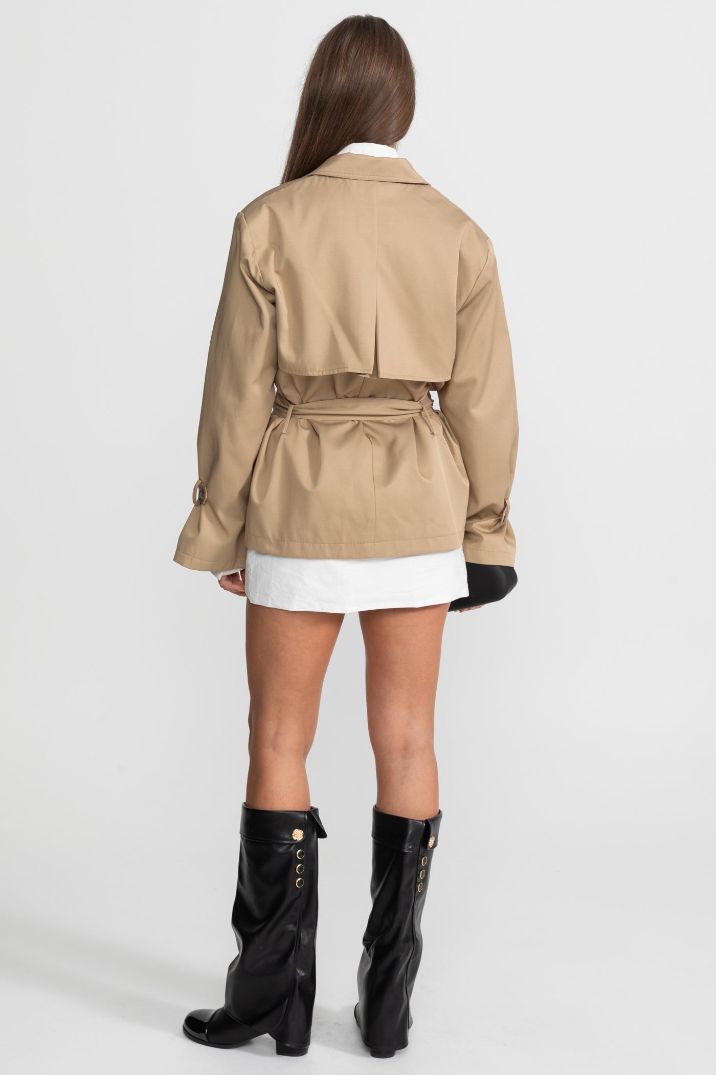 Women's Cropped Double-Breasted Trench Jacket | Belted Waist | Camel Smart Casual Outerwear | Steven & Levon