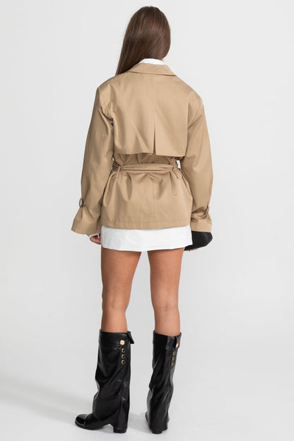 Women's Cropped Double-Breasted Trench Jacket | Belted Waist | Camel Smart Casual Outerwear | Steven & Levon