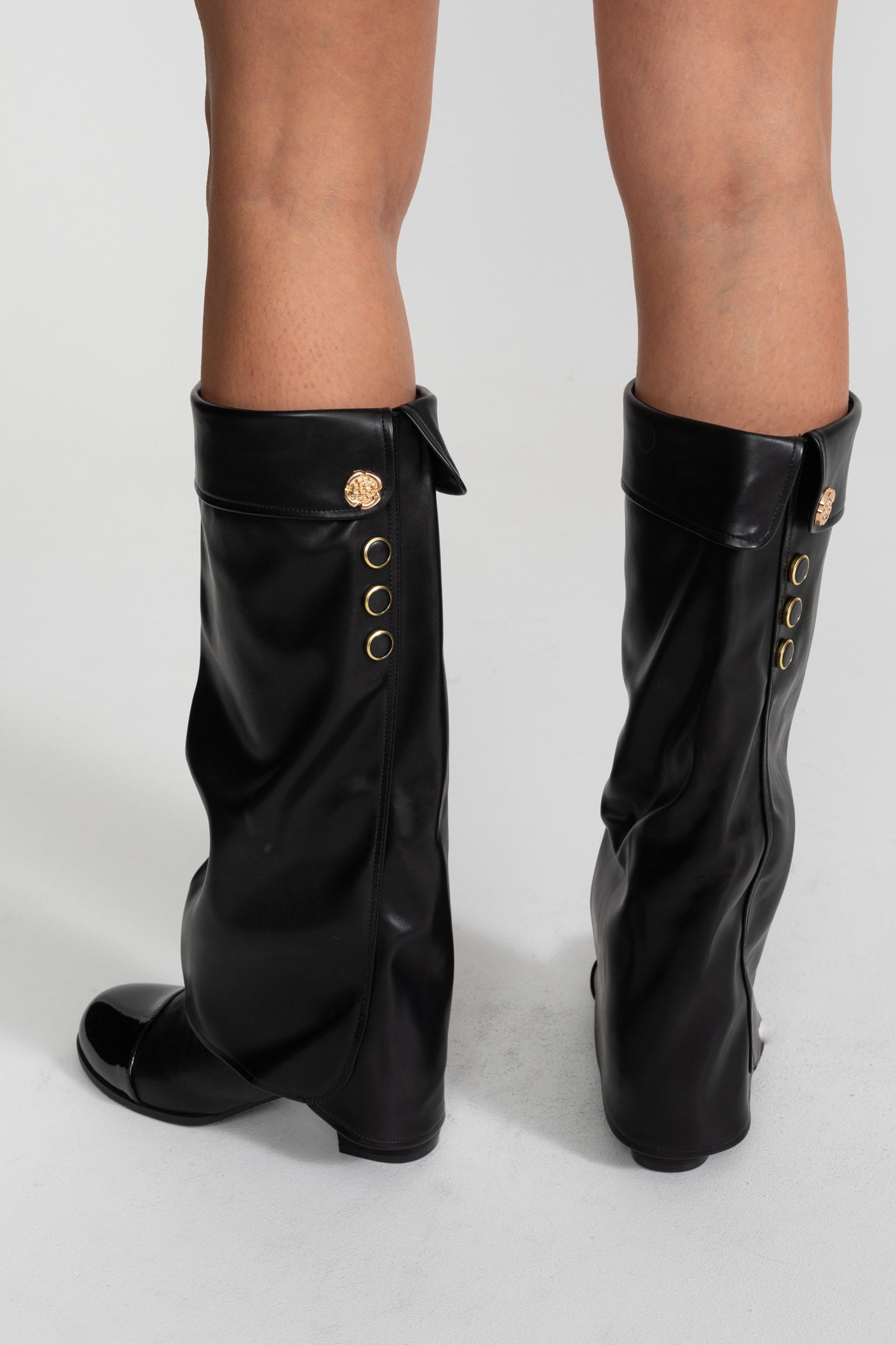 Knee High Boots | Women | Patent Cap Toe | Black | Steven & Levon