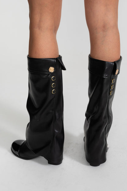 Knee High Boots | Women | Patent Cap Toe | Black | Steven & Levon