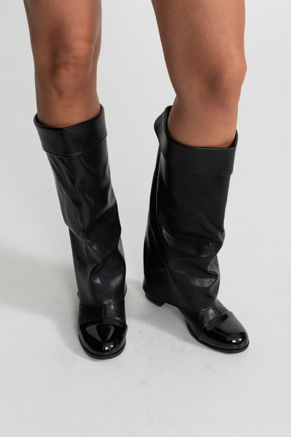 Knee High Boots | Women | Patent Cap Toe | Black | Steven & Levon