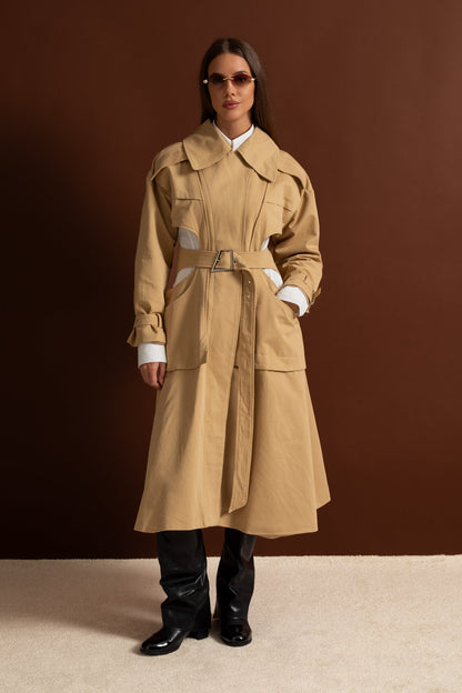 Women's Cutout Trench Coat | Beige | Belted Waist | Utility Pockets | Steven & Levon