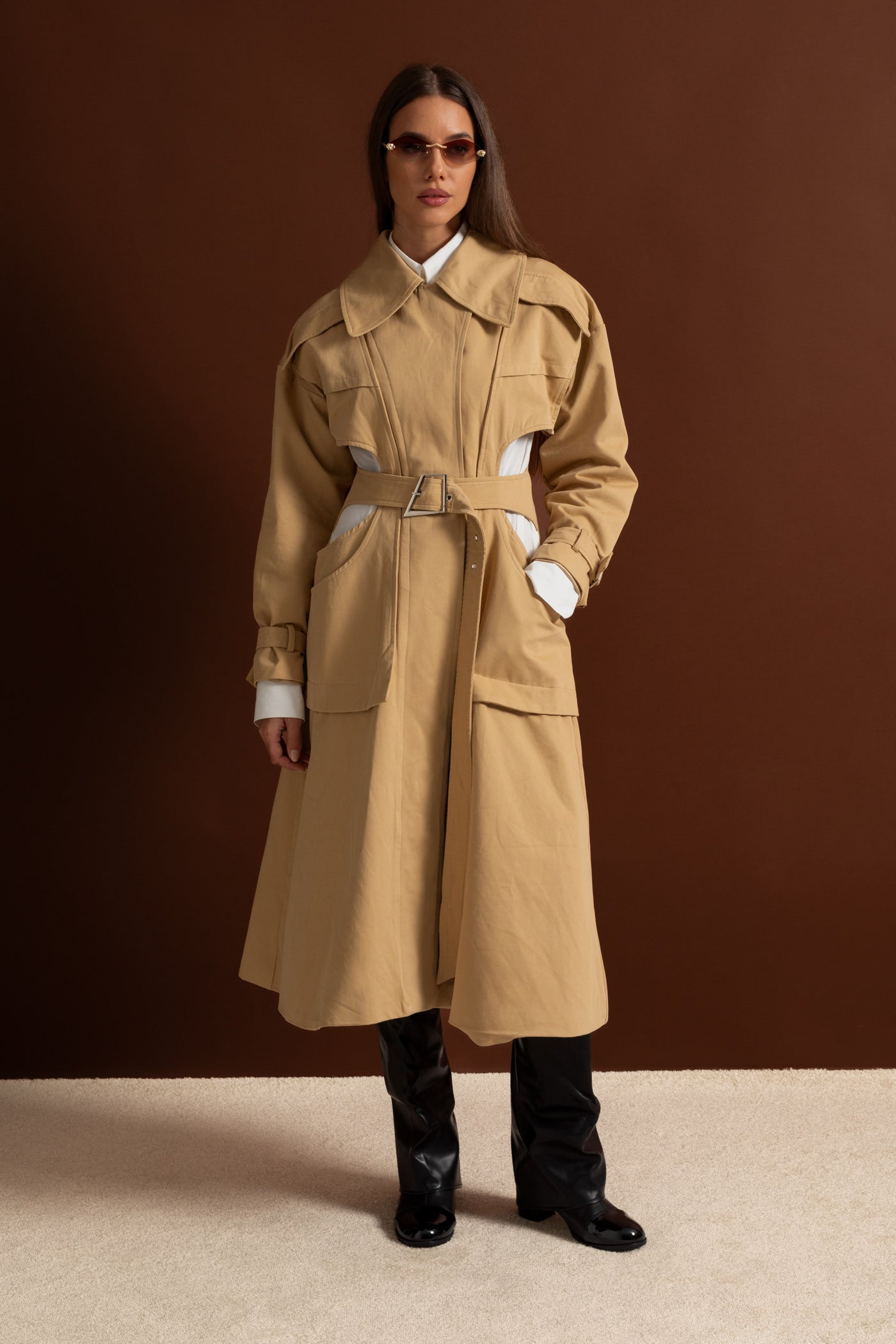 Women's Cutout Trench Coat | Beige | Belted Waist | Utility Pockets | Steven & Levon