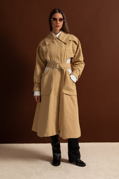 Women's Cutout Trench Coat | Beige | Belted Waist | Utility Pockets | Steven & Levon