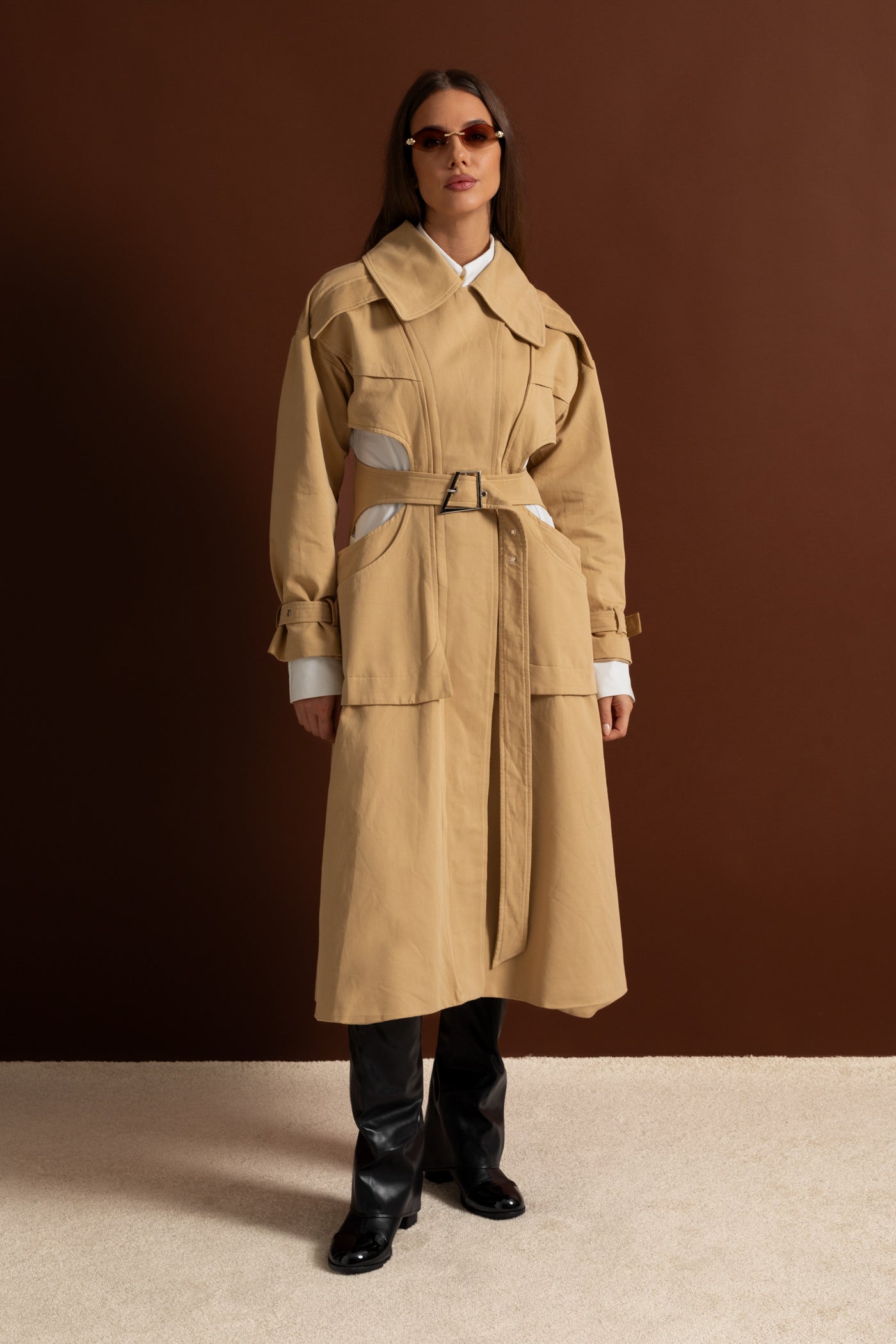 Women's Cutout Trench Coat | Beige | Belted Waist | Utility Pockets | Steven & Levon
