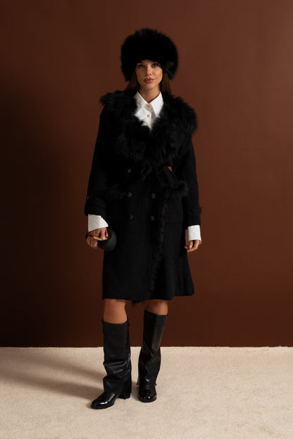 Knit Overcoat | Women | Double-Breasted | Faux Fur Trim | Belted | Black | Winter Coat | Steven & Levon